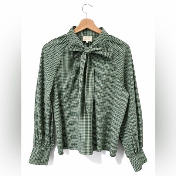 Sézane Jimena Blouse Green Plaid Bow Sz 38 Sezane x MDLO (US 6) - Picture 3 of 8